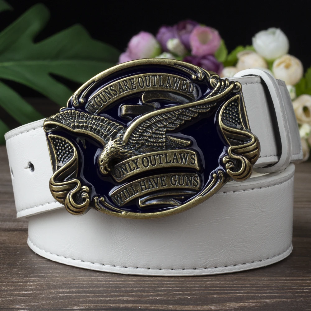 Eagle Belt for Men Jeans ONLY OUTLAWS WILL HAVE GUNS Metal Buckle Cowboy