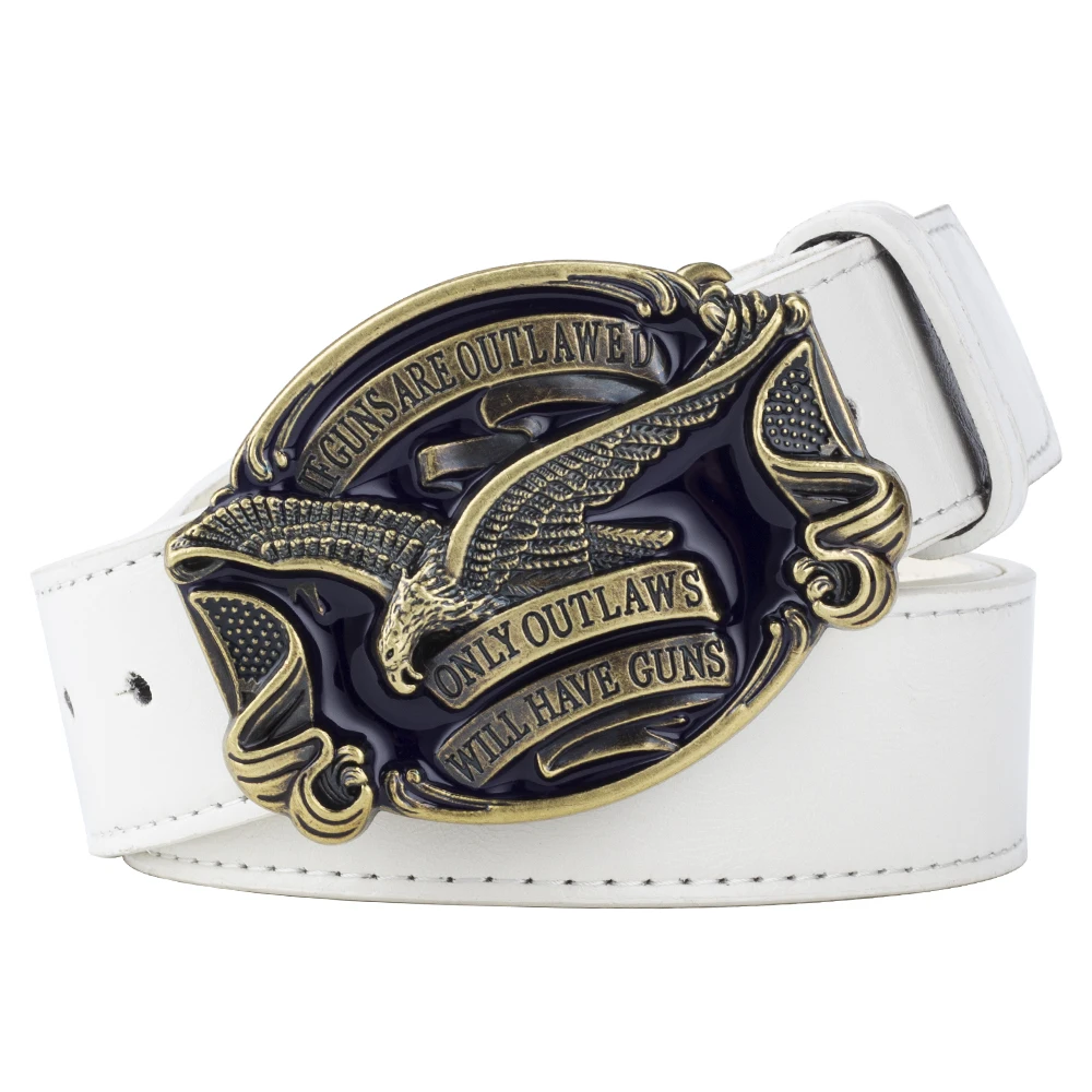Eagle Belt for Men Jeans ONLY OUTLAWS WILL HAVE GUNS Metal Buckle Cowboy