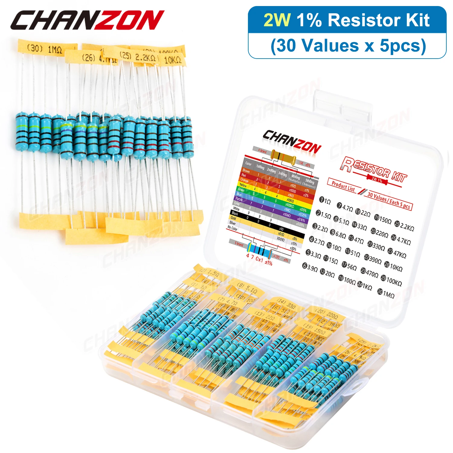 150Pcs/Pack 30 Values 2W 1% High Precision Metal Film Resistors Kit 4.7 10 100 470 1K 4.7K 47K Ohm 2 W Resistance Assortment Set