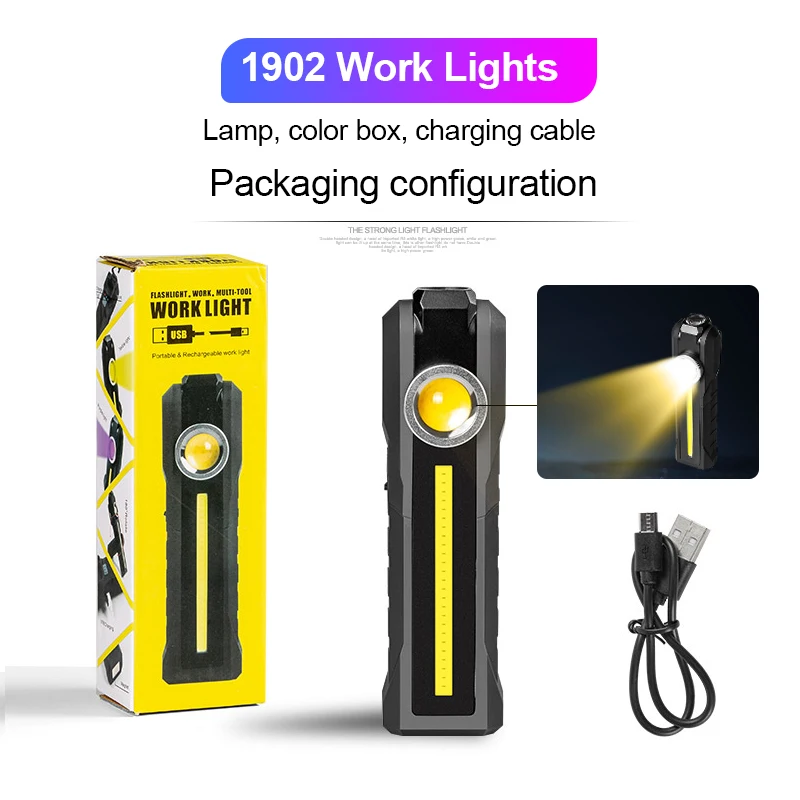 Magnetic COB Flood Working Light Portable LED Flashlight USB Rechargeable 4 Lighting Modes Emergency Torch Repair Lamp With Hook