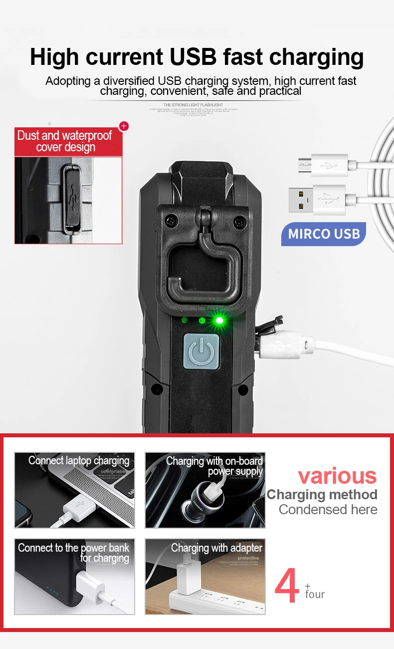 Magnetic COB Flood Working Light Portable LED Flashlight USB Rechargeable 4 Lighting Modes Emergency Torch Repair Lamp With Hook