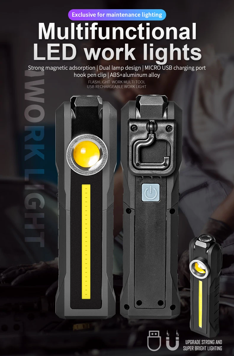 Magnetic COB Flood Working Light Portable LED Flashlight USB Rechargeable 4 Lighting Modes Emergency Torch Repair Lamp With Hook