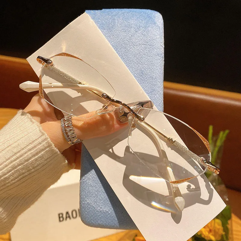 Diamond Cutting Rimless Ladies Myopia Glasses Anti Blue Light Minus Eyeglasses Finished Prescription Near Sight Eyewear Diopter