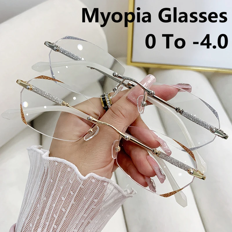 Diamond Cutting Rimless Ladies Myopia Glasses Anti Blue Light Minus Eyeglasses Finished Prescription Near Sight Eyewear Diopter