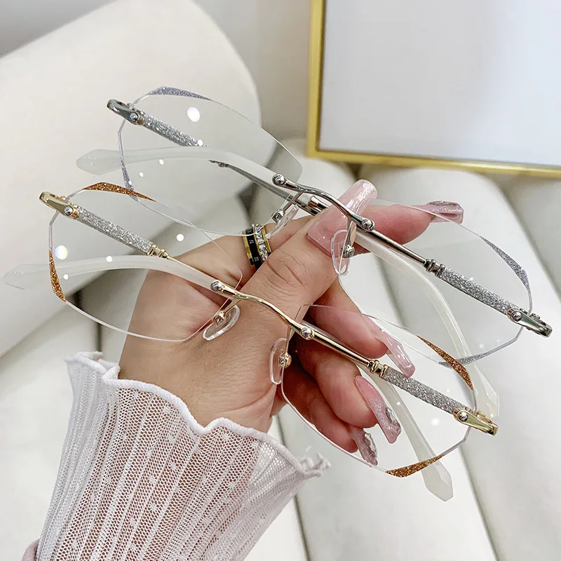 Diamond Cutting Rimless Ladies Myopia Glasses Anti Blue Light Minus Eyeglasses Finished Prescription Near Sight Eyewear Diopter