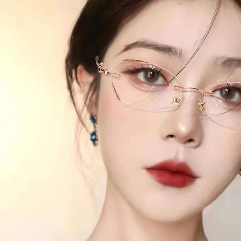 Diamond Cutting Rimless Ladies Myopia Glasses Anti Blue Light Minus Eyeglasses Finished Prescription Near Sight Eyewear Diopter