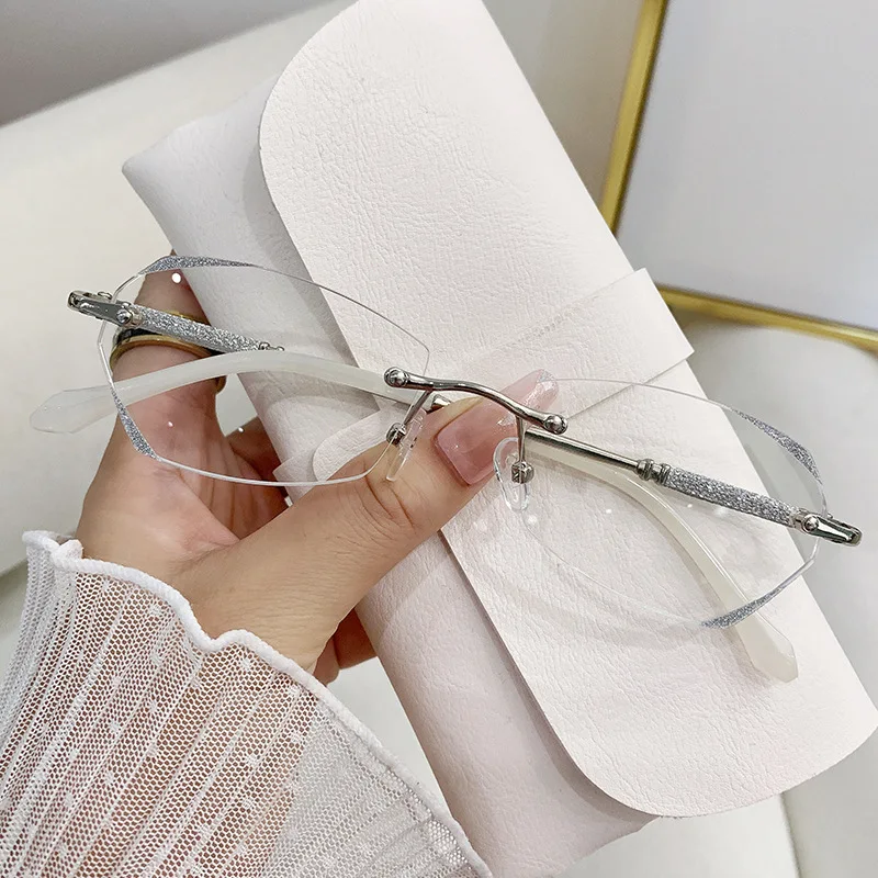 Diamond Cutting Rimless Ladies Myopia Glasses Anti Blue Light Minus Eyeglasses Finished Prescription Near Sight Eyewear Diopter