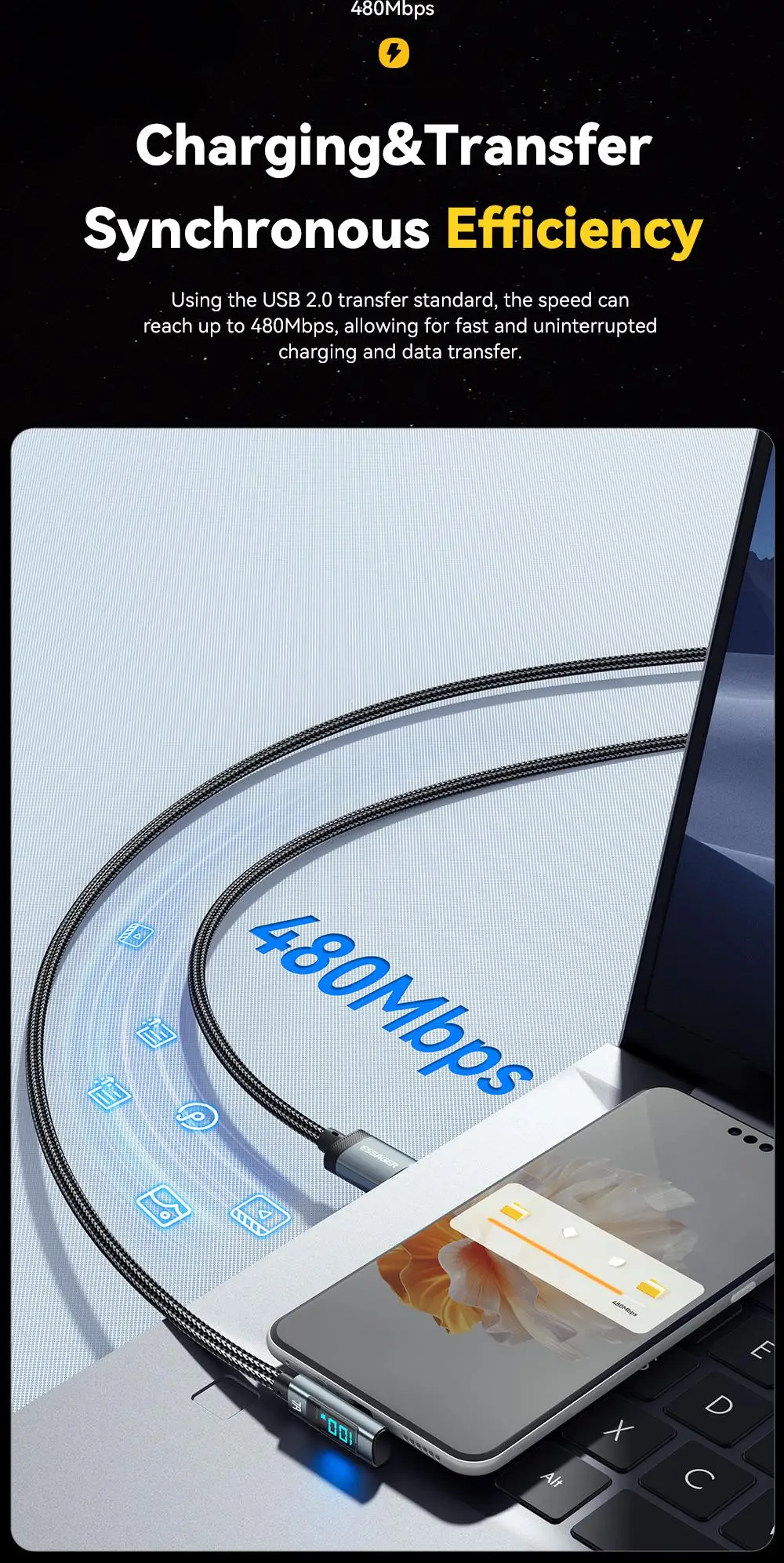Essager 7A USB Type C Cable Elbow Digital Display Fast Charge USB C Cable For Huawei Mate60 Pro Samsung Xiaomi  Data Type C Cord