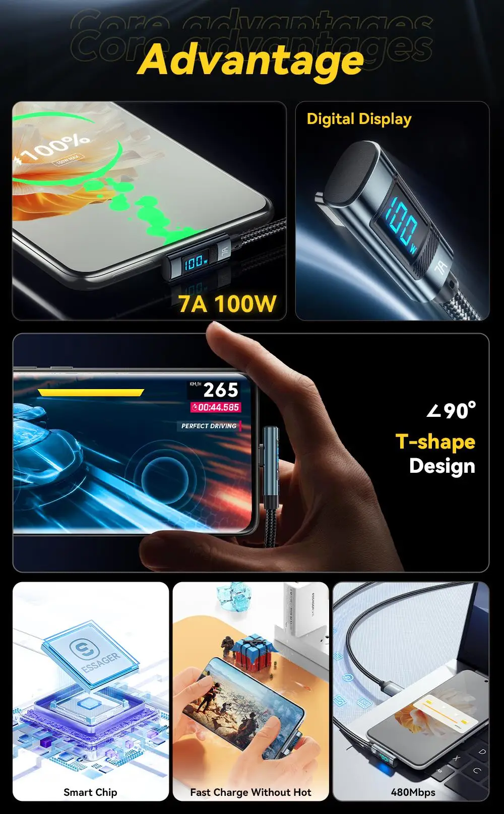 Essager 7A USB Type C Cable Elbow Digital Display Fast Charge USB C Cable For Huawei Mate60 Pro Samsung Xiaomi  Data Type C Cord