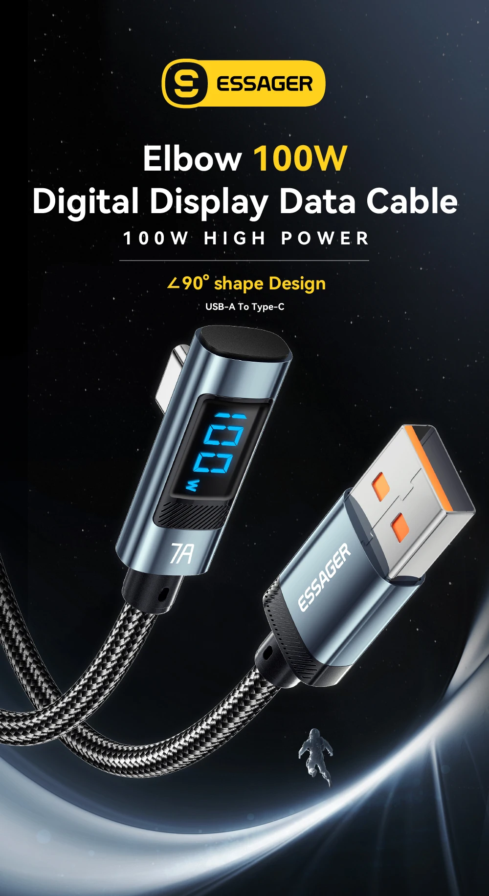 Essager 7A USB Type C Cable Elbow Digital Display Fast Charge USB C Cable For Huawei Mate60 Pro Samsung Xiaomi  Data Type C Cord