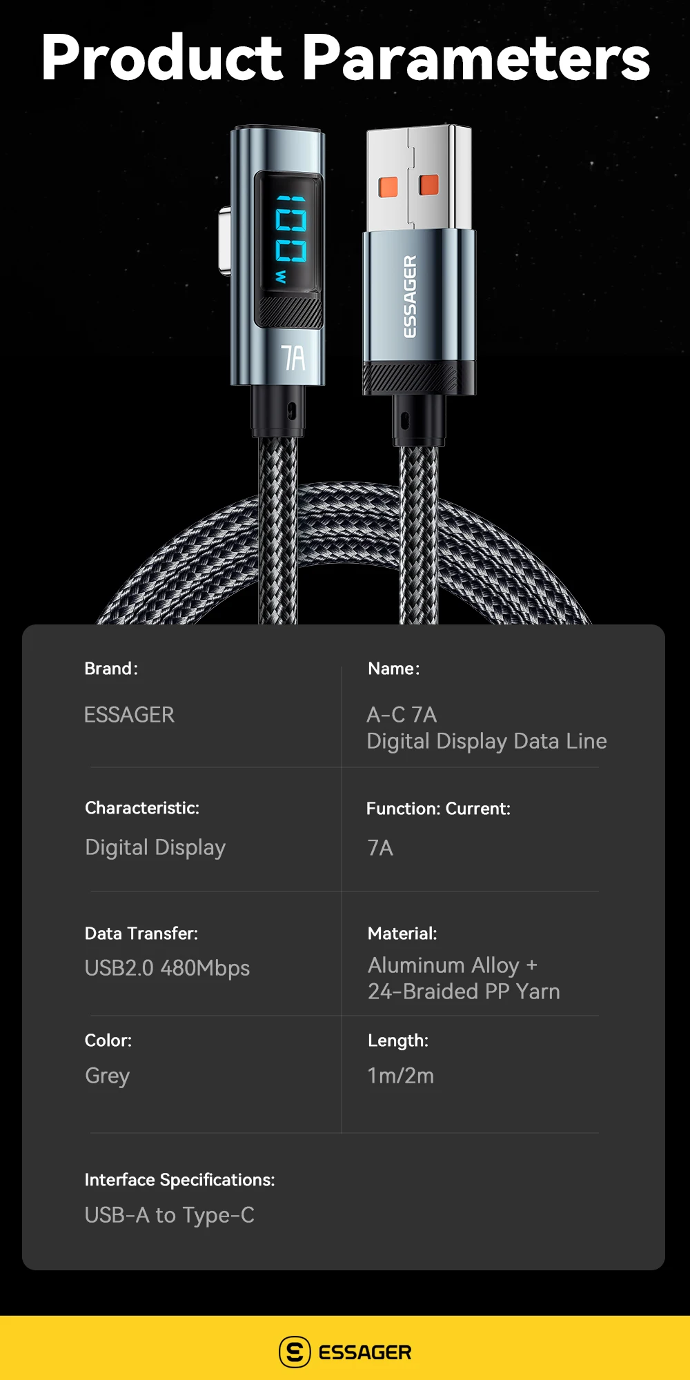 Essager 7A USB Type C Cable Elbow Digital Display Fast Charge USB C Cable For Huawei Mate60 Pro Samsung Xiaomi  Data Type C Cord