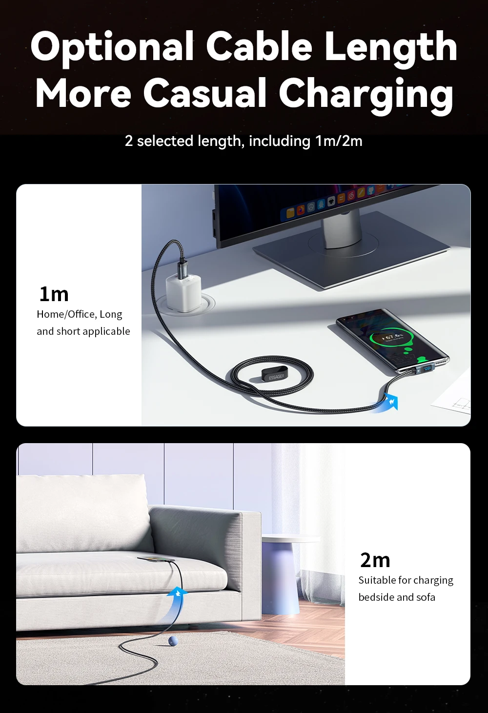 Essager 7A USB Type C Cable Elbow Digital Display Fast Charge USB C Cable For Huawei Mate60 Pro Samsung Xiaomi  Data Type C Cord