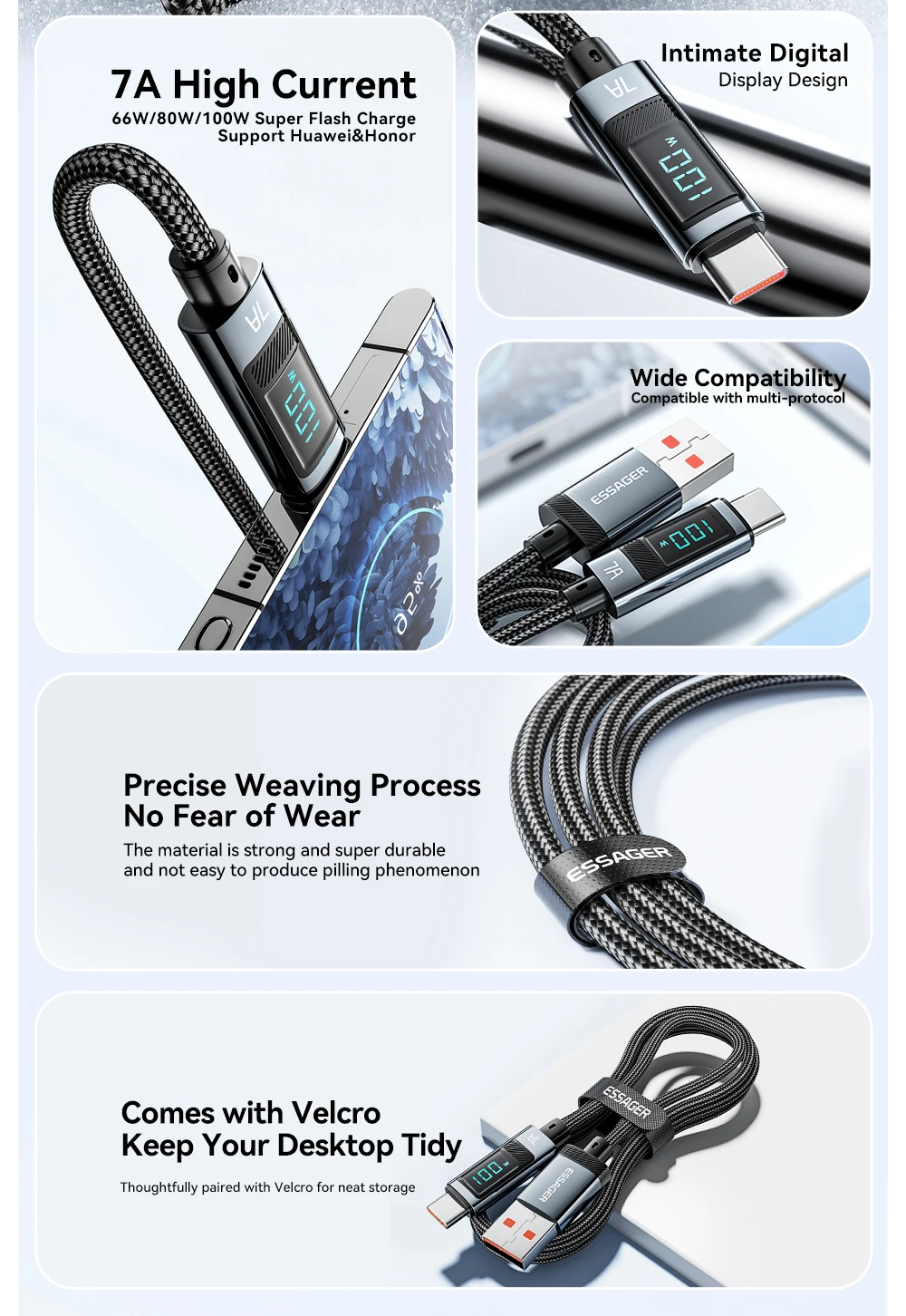 Essager 7A USB Type C Cable 100W USB C Charger Data For Realme Huawei P40 30 Pro 66W Fast Charging Wire Cord Samsung Xiaomi Poco
