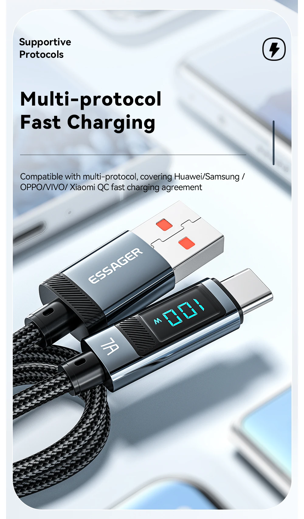 Essager 7A USB Type C Cable 100W USB C Charger Data For Realme Huawei P40 30 Pro 66W Fast Charging Wire Cord Samsung Xiaomi Poco