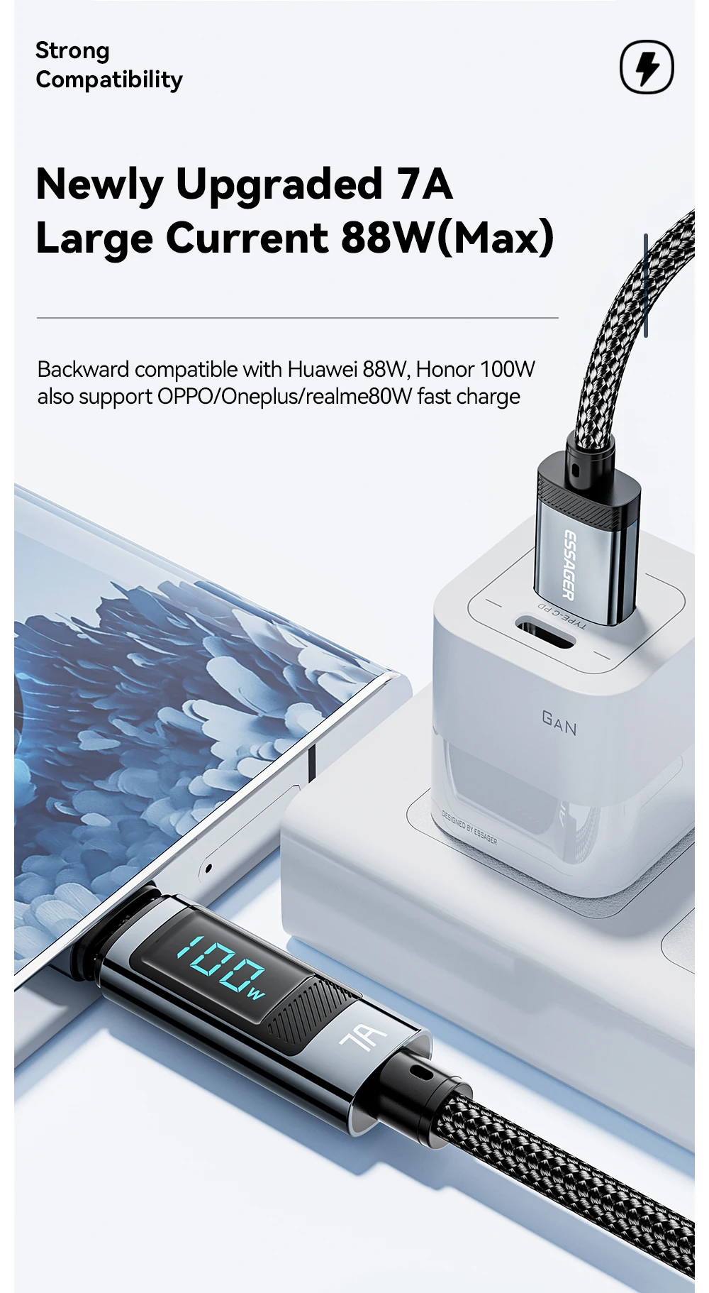 Essager 7A USB Type C Cable 100W USB C Charger Data For Realme Huawei P40 30 Pro 66W Fast Charging Wire Cord Samsung Xiaomi Poco
