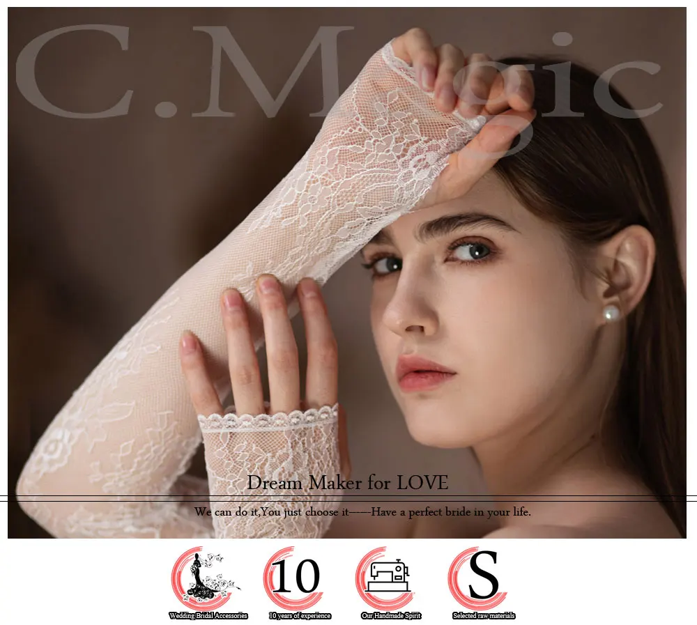WG103 Wedding Bridal Handmade Gloves Eyelash Lace White Long Fingerless Women Pageant Perform Prom Sleevelet