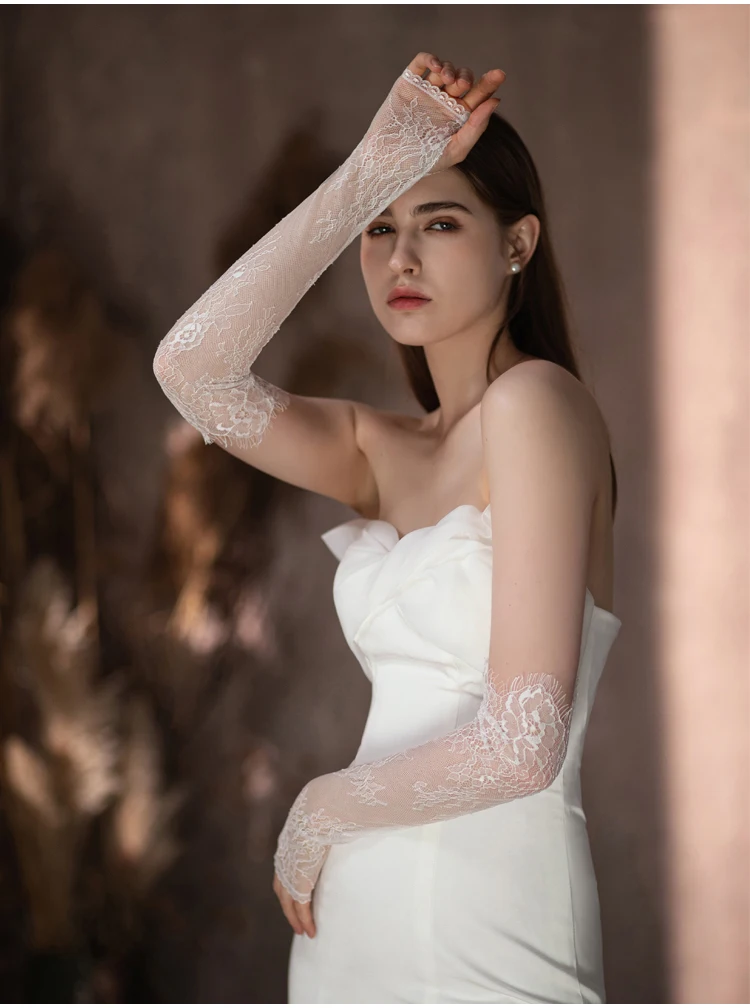 WG103 Wedding Bridal Handmade Gloves Eyelash Lace White Long Fingerless Women Pageant Perform Prom Sleevelet