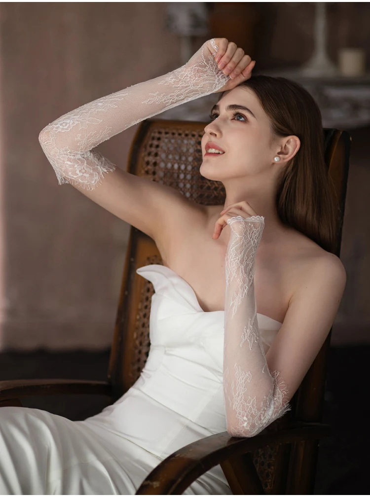 WG103 Wedding Bridal Handmade Gloves Eyelash Lace White Long Fingerless Women Pageant Perform Prom Sleevelet