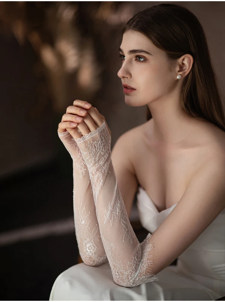 WG103 Wedding Bridal Handmade Gloves Eyelash Lace White Long Fingerless Women Pageant Perform Prom Sleevelet