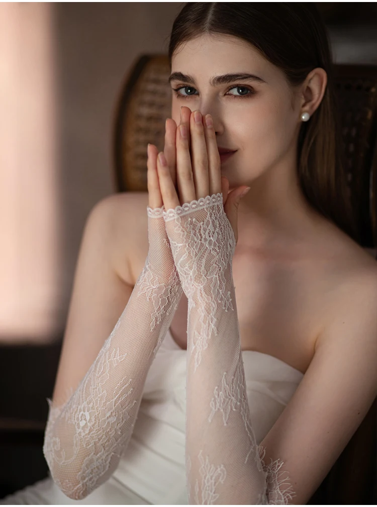 WG103 Wedding Bridal Handmade Gloves Eyelash Lace White Long Fingerless Women Pageant Perform Prom Sleevelet