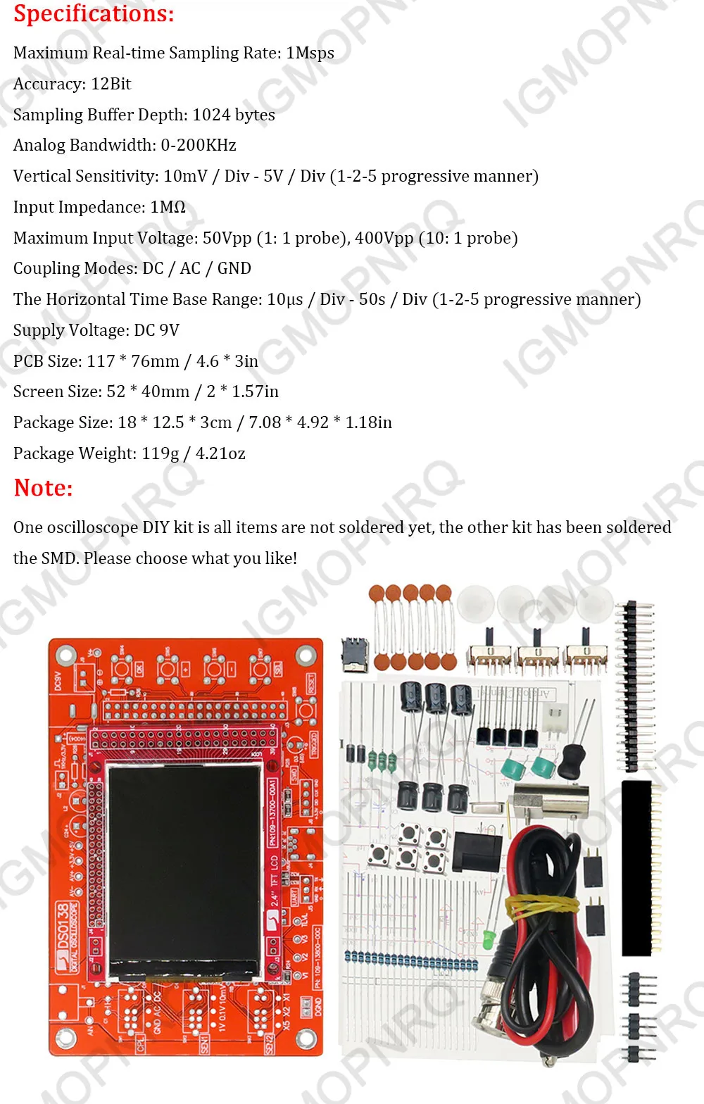 1PCS DSO138 2.4" TFT Digital Oscilloscope Kit DIY 200KHz Tester 1Msps Bandwidth Probe Electronic Production Suite