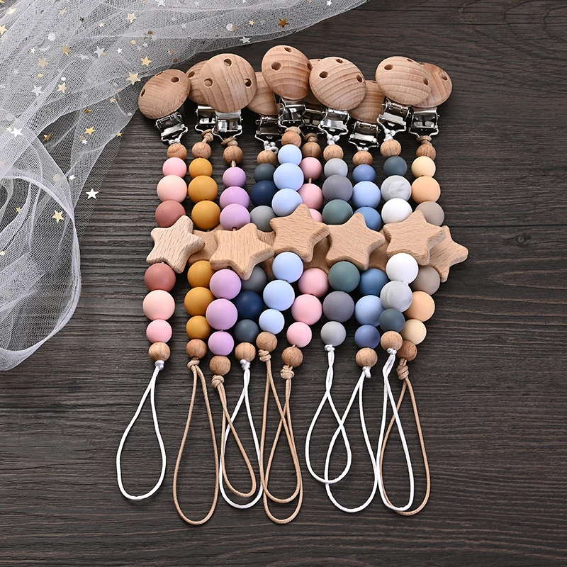 New Baby Pacifier Chain Clips Wood Pentagram Teether Silicone Round Beads Teething Chain For Care Soother Chew Toys Shower Gift