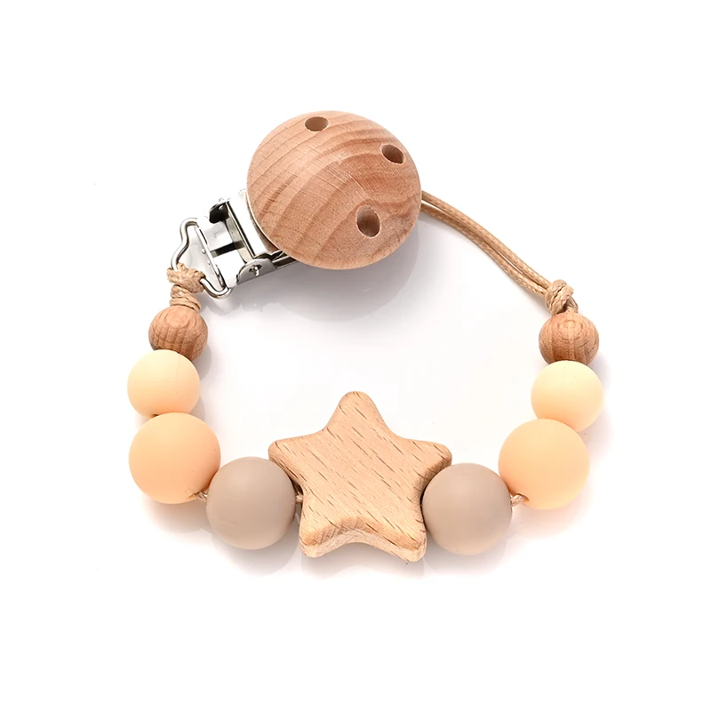 New Baby Pacifier Chain Clips Wood Pentagram Teether Silicone Round Beads Teething Chain For Care Soother Chew Toys Shower Gift