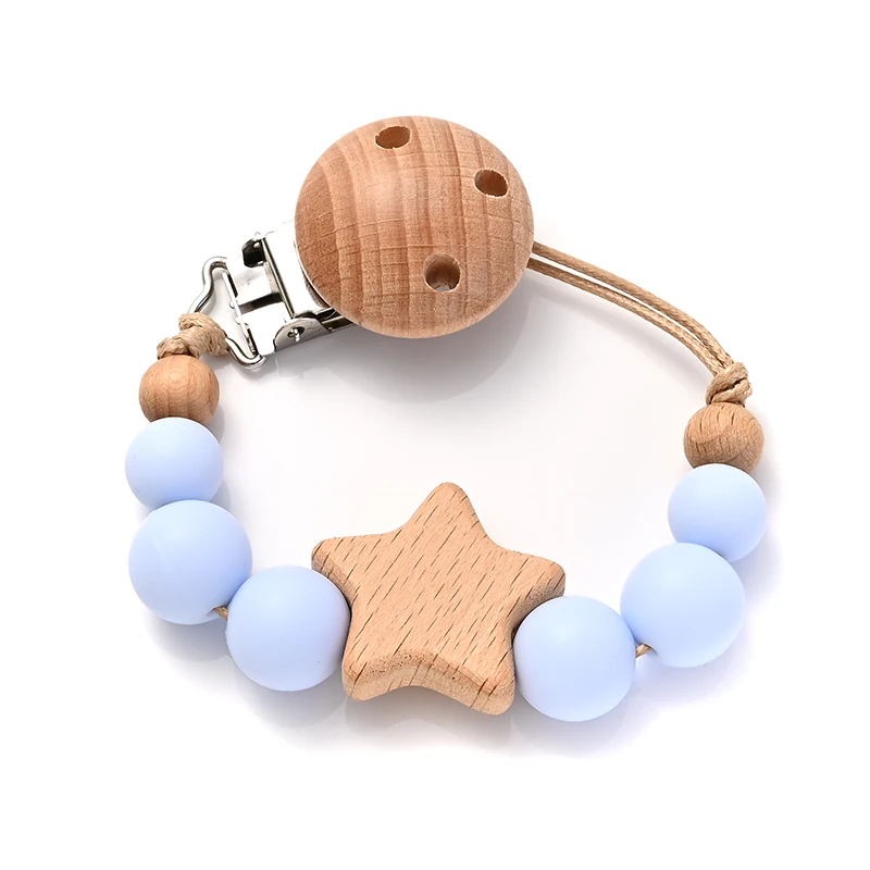 New Baby Pacifier Chain Clips Wood Pentagram Teether Silicone Round Beads Teething Chain For Care Soother Chew Toys Shower Gift