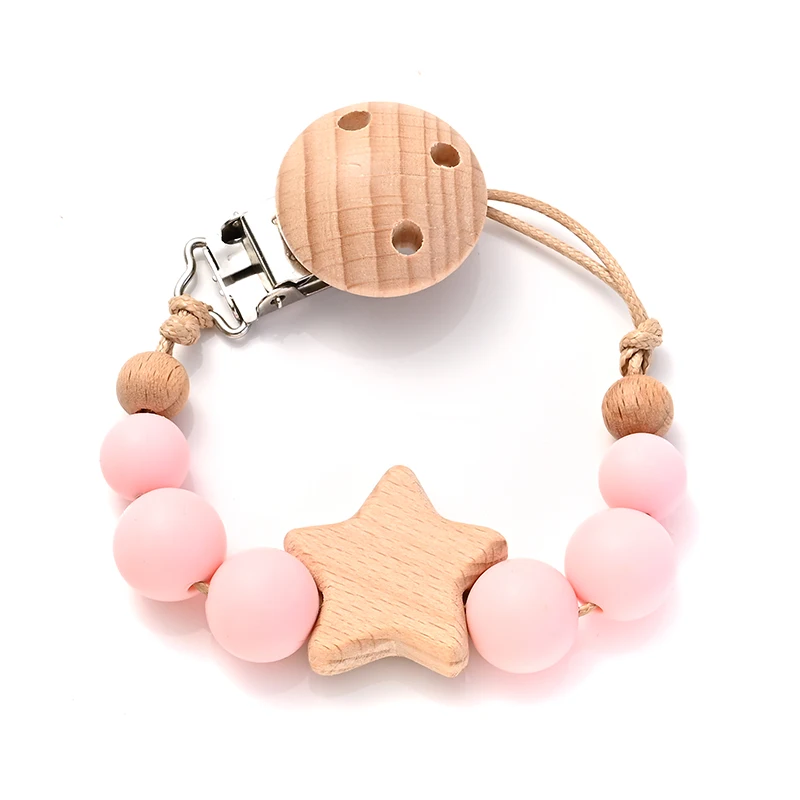 New Baby Pacifier Chain Clips Wood Pentagram Teether Silicone Round Beads Teething Chain For Care Soother Chew Toys Shower Gift