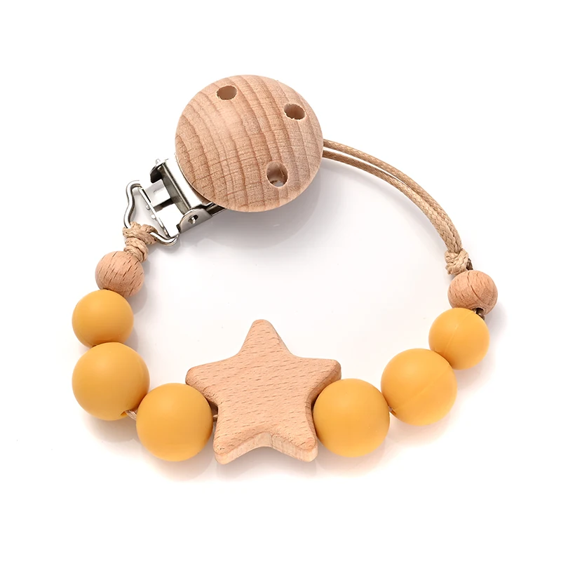 New Baby Pacifier Chain Clips Wood Pentagram Teether Silicone Round Beads Teething Chain For Care Soother Chew Toys Shower Gift