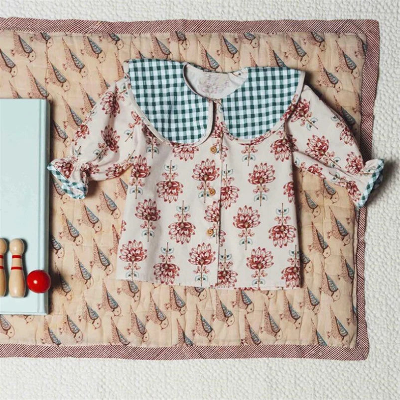 1-6Yrs Girls Floral Blouse Fall Full Water Lily Printing Patern Half Short Length Sleeve Kids Shirt for Girls Clothes Tops
