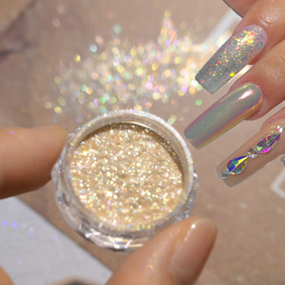 Super Shiny Gold Opal Nail Powder Mermaid Glitter Ultrathin Iridescent Flakes Nail Sequins Pigment Chrome Powder Manicure Decor