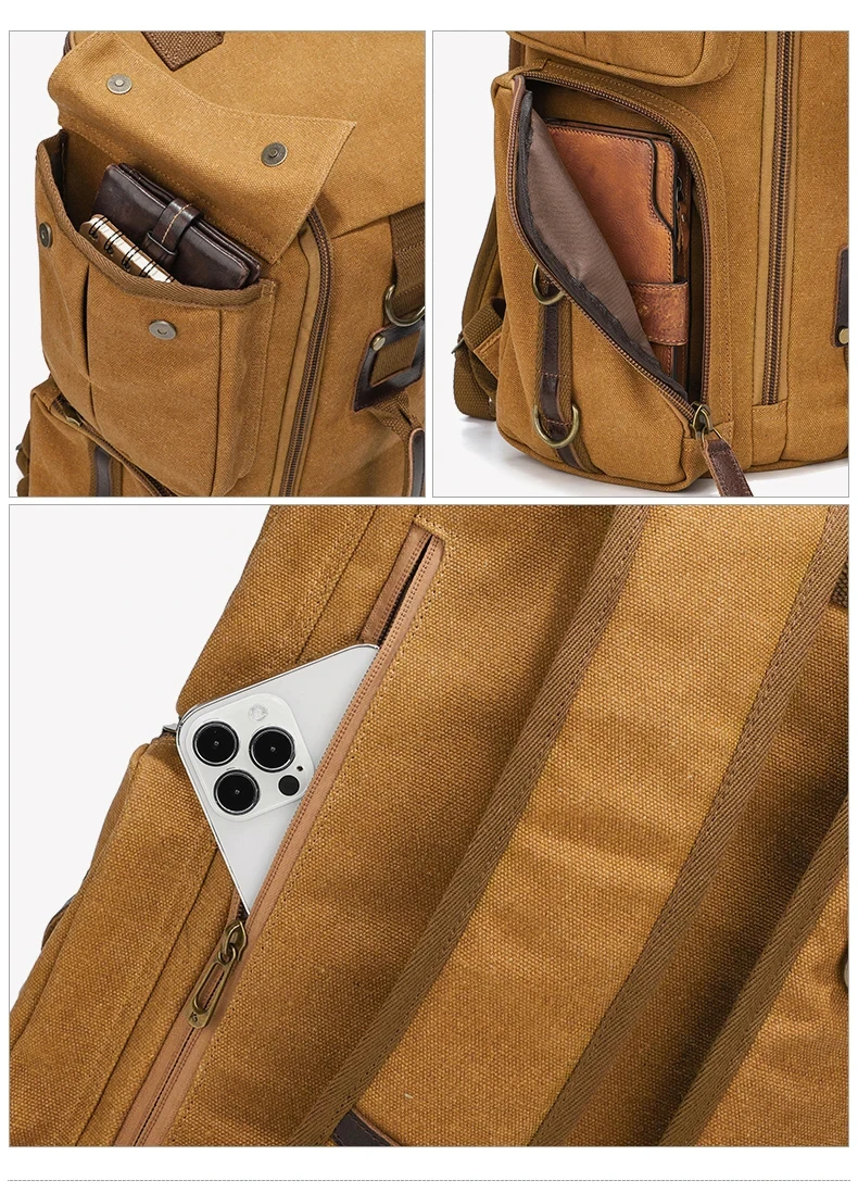 Vintage Leather Man16 inch Laptop Backpack Waxed Canvas Shoulder Rucksack Carry-On Travel Backpack for Men Women