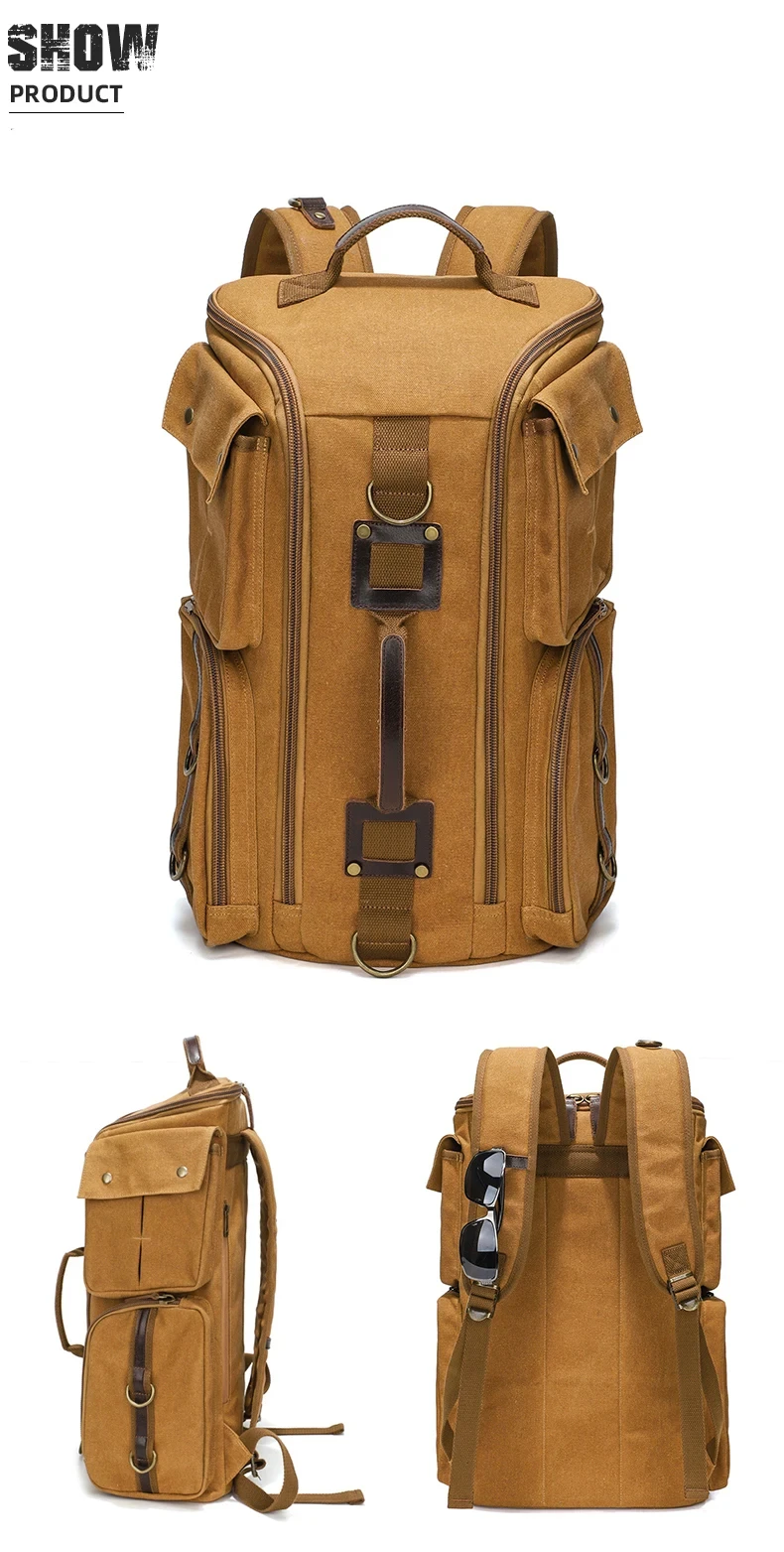 Vintage Leather Man16 inch Laptop Backpack Waxed Canvas Shoulder Rucksack Carry-On Travel Backpack for Men Women