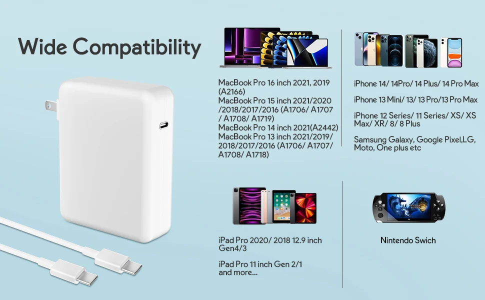 PD 30W 60W 87W 96W USB C Charger Power Adapter for MacBook Pro 16, 15, 13 inch, New Air 13 inch 2020/2019/2018,Works with Type C