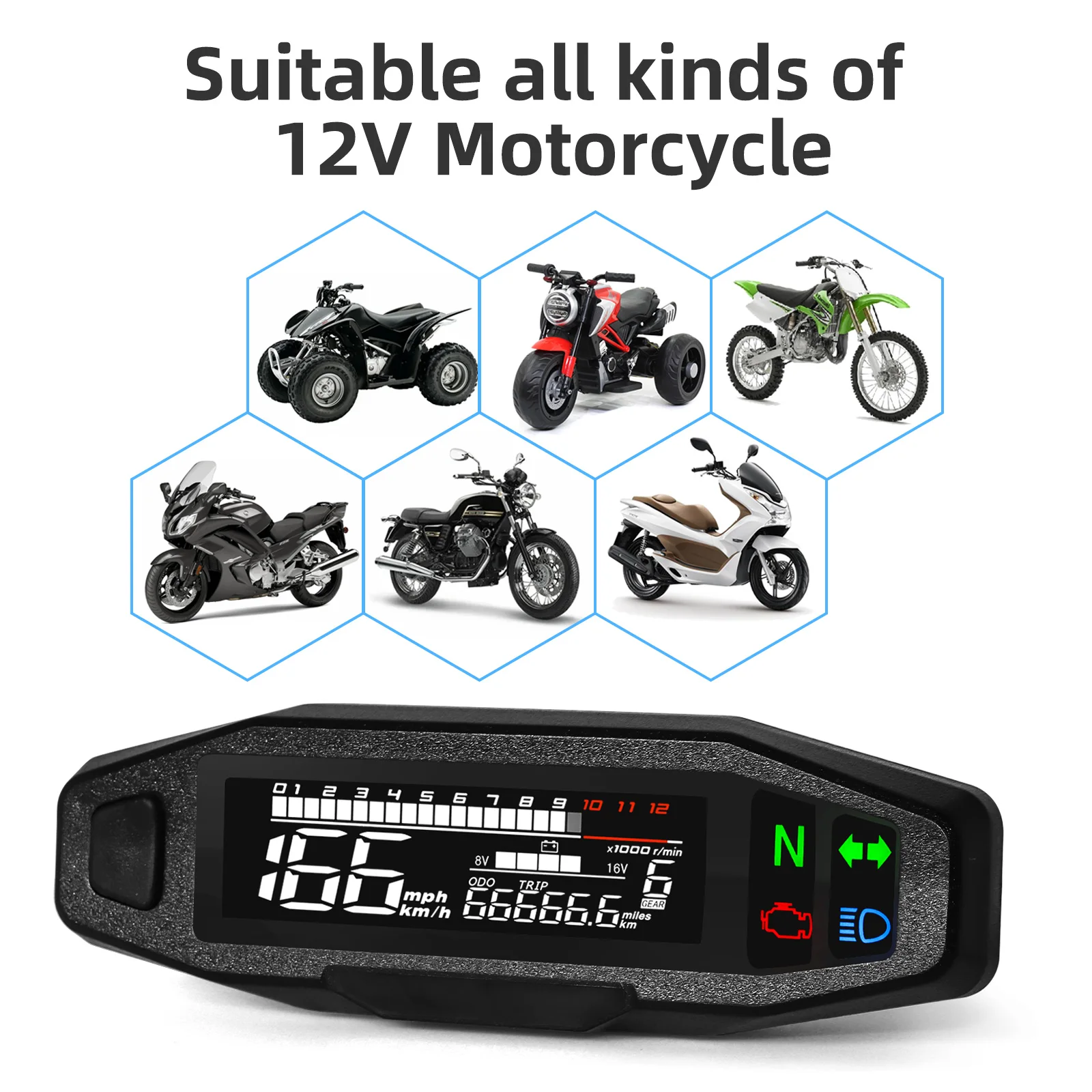 AD Universal Motorcycle Speedometer Digital Speed Meter LED Tachometer Dashboard Instrument Panel Meter LCD Display Y Bracket