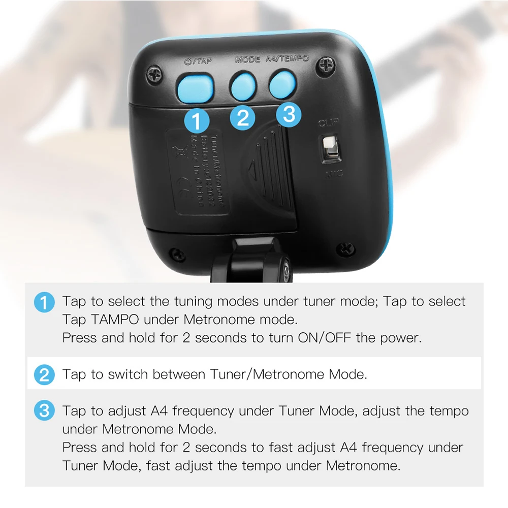 JOYO JMT-03 Guitar Tuner 360 Degree Rotatable Clip-on TAP Tempo Metronome Function Electronic Tuner for Guitar Bass Ukulele