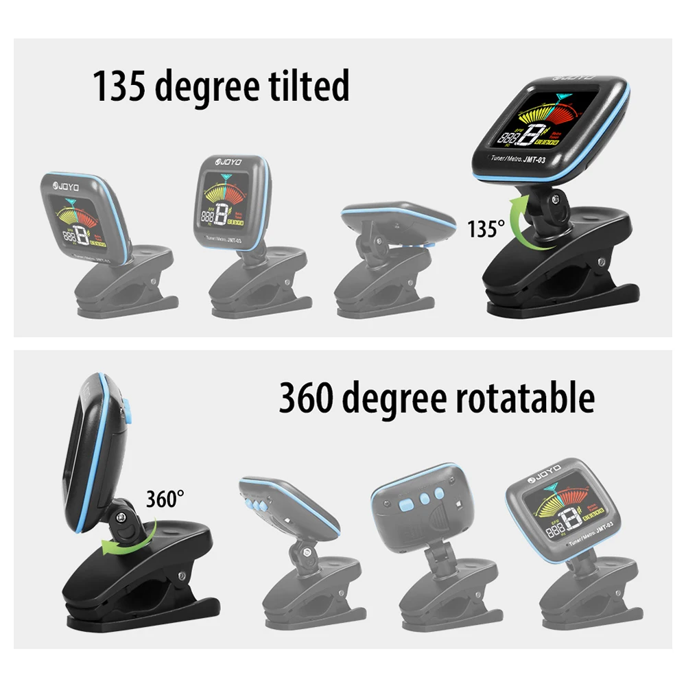 JOYO JMT-03 Guitar Tuner 360 Degree Rotatable Clip-on TAP Tempo Metronome Function Electronic Tuner for Guitar Bass Ukulele