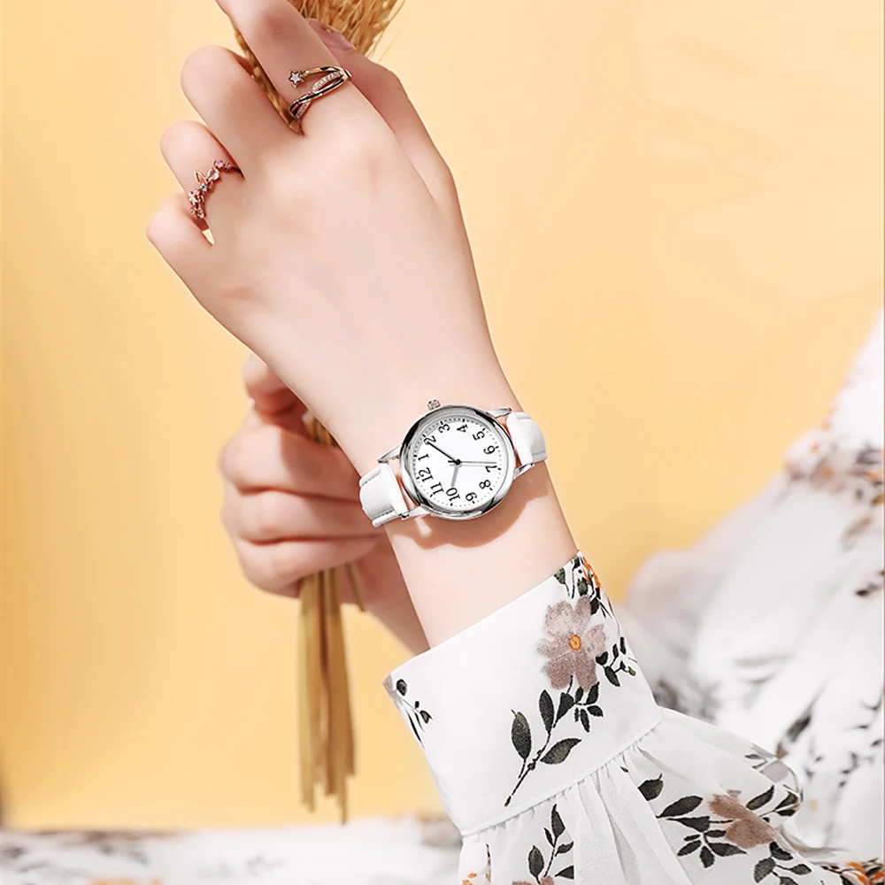 Leisure Fashion Women Quartz Watch Easy to Read Arabic Numerals Simple Dial PU Leather Strap Lady Candy Color