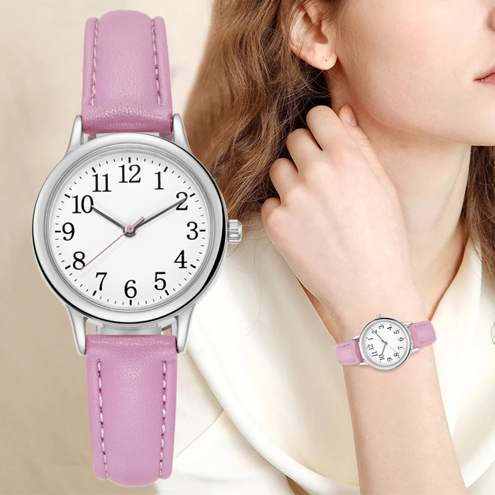 Leisure Fashion Women Quartz Watch Easy to Read Arabic Numerals Simple Dial PU Leather Strap Lady Candy Color