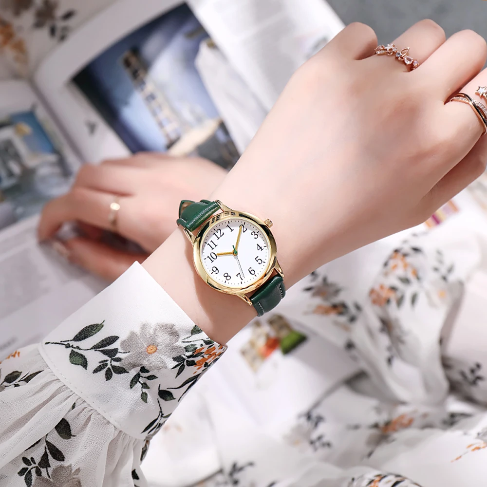 Leisure Fashion Women Quartz Watch Easy to Read Arabic Numerals Simple Dial PU Leather Strap Lady Candy Color