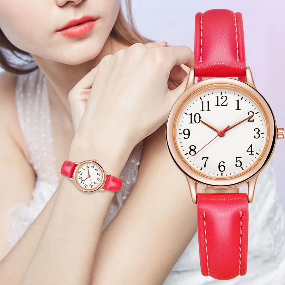 Leisure Fashion Women Quartz Watch Easy to Read Arabic Numerals Simple Dial PU Leather Strap Lady Candy Color