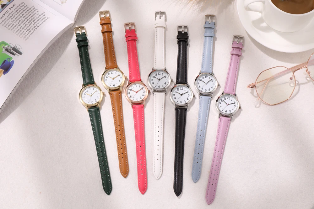 Leisure Fashion Women Quartz Watch Easy to Read Arabic Numerals Simple Dial PU Leather Strap Lady Candy Color