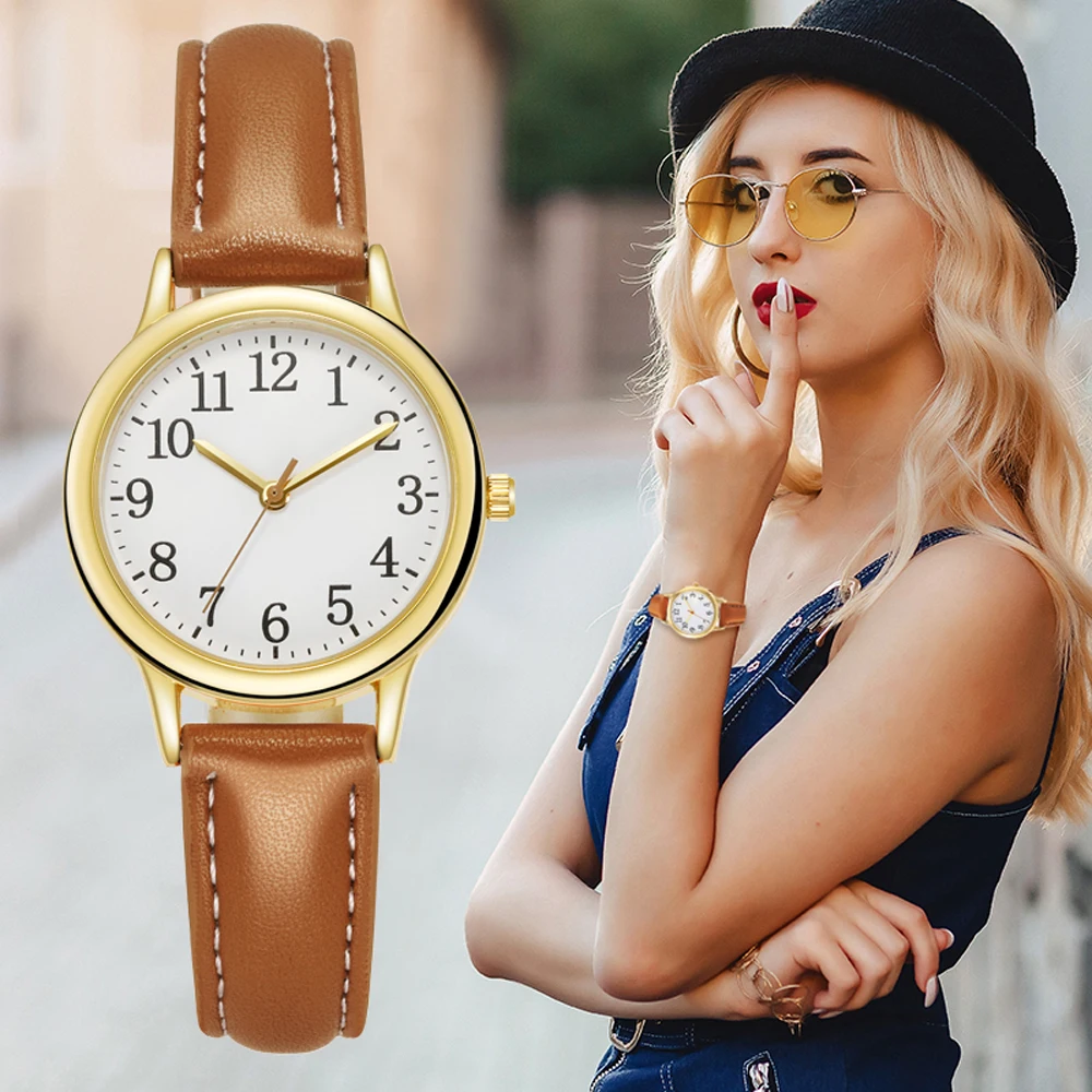 Leisure Fashion Women Quartz Watch Easy to Read Arabic Numerals Simple Dial PU Leather Strap Lady Candy Color