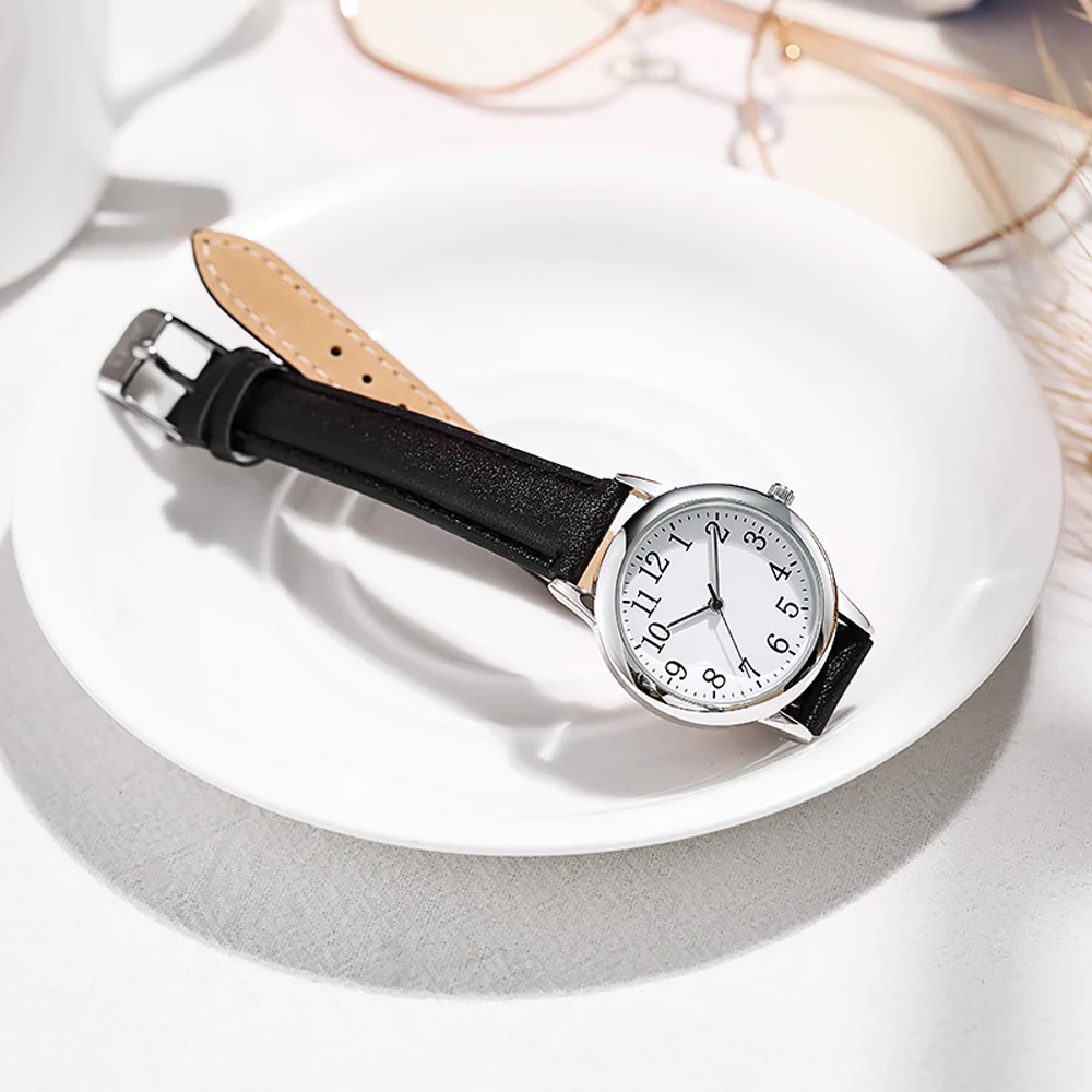 Leisure Fashion Women Quartz Watch Easy to Read Arabic Numerals Simple Dial PU Leather Strap Lady Candy Color