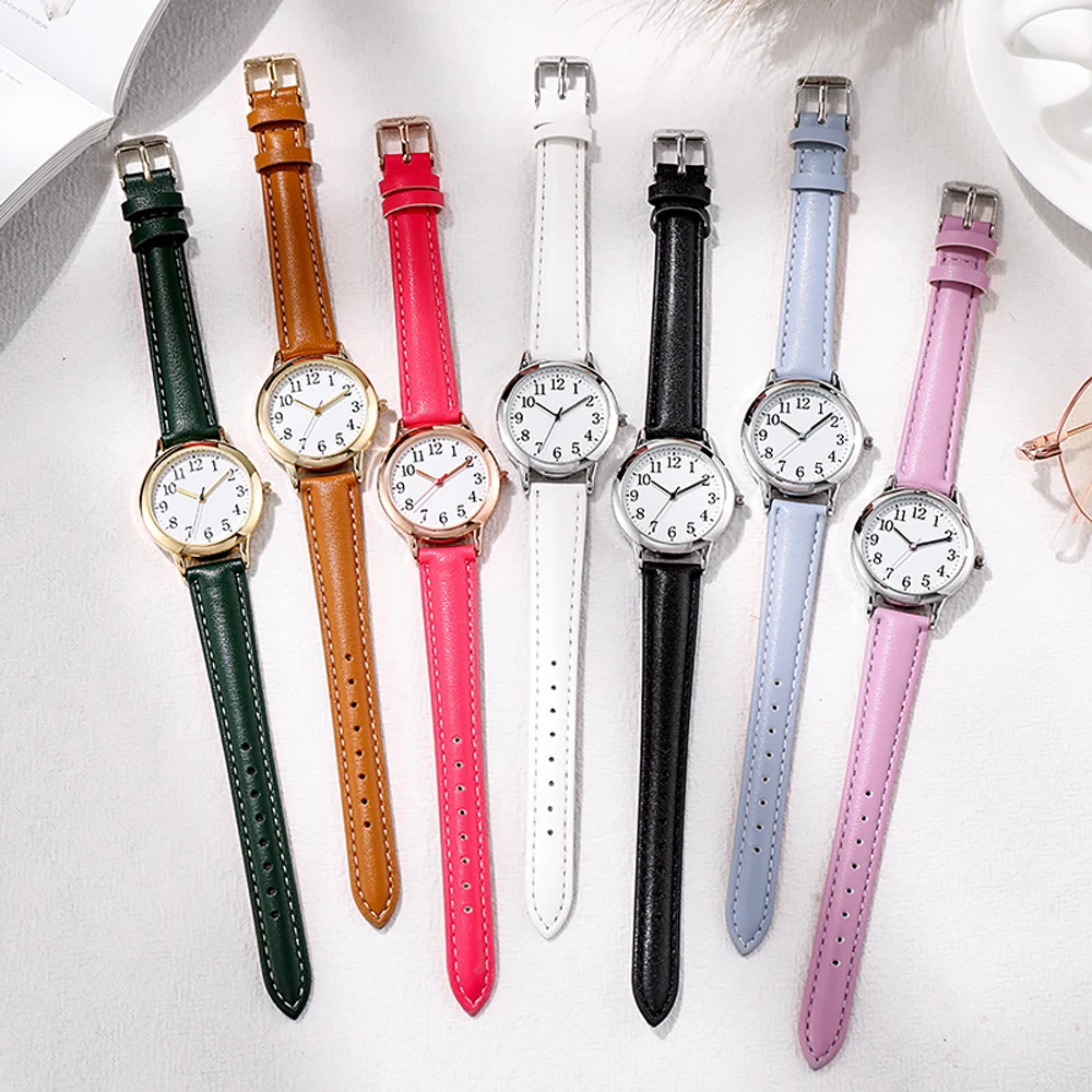 Leisure Fashion Women Quartz Watch Easy to Read Arabic Numerals Simple Dial PU Leather Strap Lady Candy Color