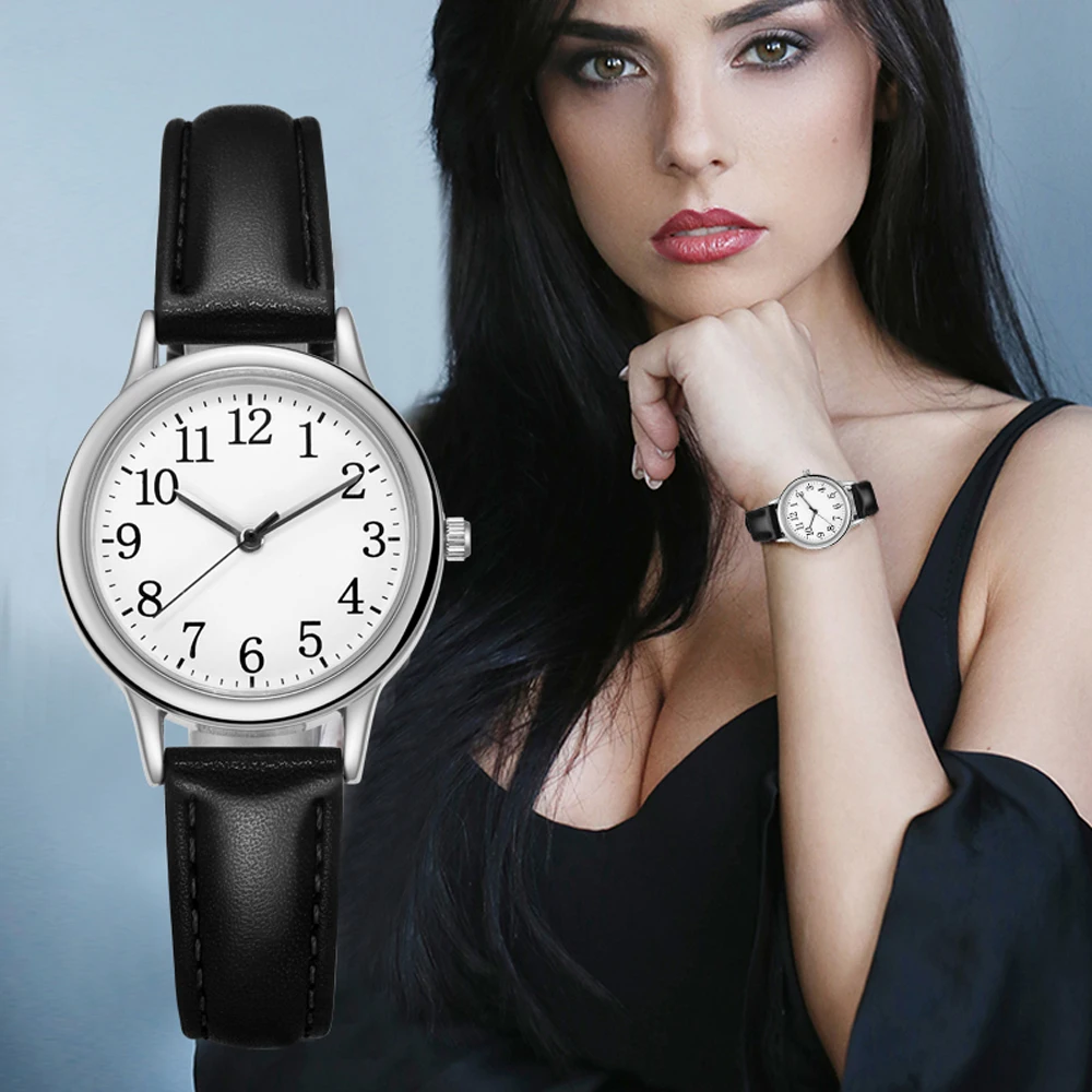Leisure Fashion Women Quartz Watch Easy to Read Arabic Numerals Simple Dial PU Leather Strap Lady Candy Color