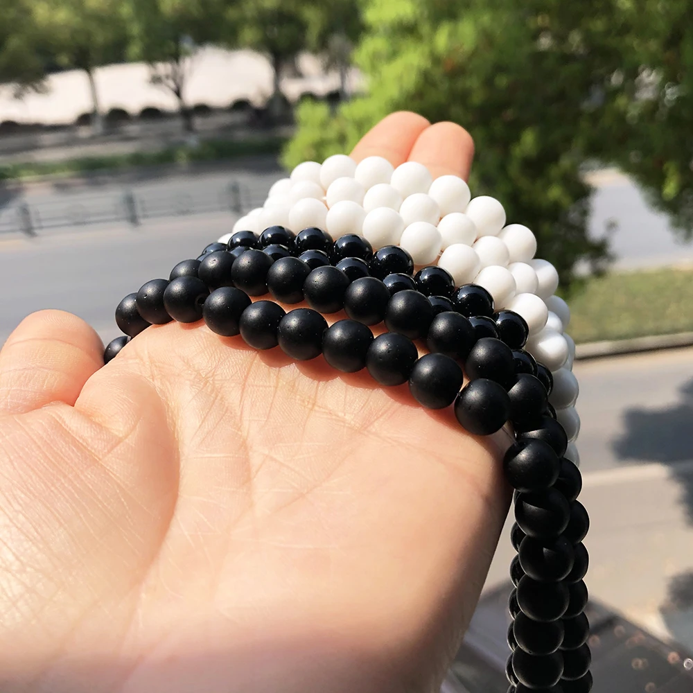 Natural Stone White Black Dull Polish Matte Agates Onyx Smooth Round Beads For Jewelry Making DIY Bracelet 15'' 4 6 8 10 12mm