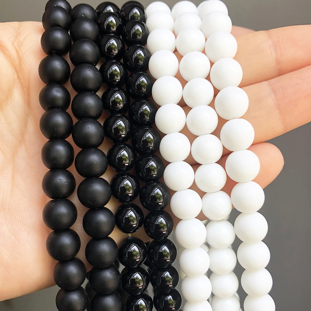 Natural Stone White Black Dull Polish Matte Agates Onyx Smooth Round Beads For Jewelry Making DIY Bracelet 15'' 4 6 8 10 12mm