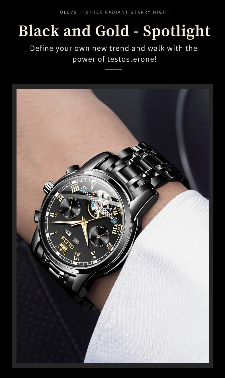 OLEVS 6607 Men's Watches Automatic Mechanical Business Wristwatch Calendar Waterproof Stainless Steel Strap Watch For Man